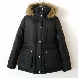 DKNY black down filled winter jacket faux fur trim cinched waist